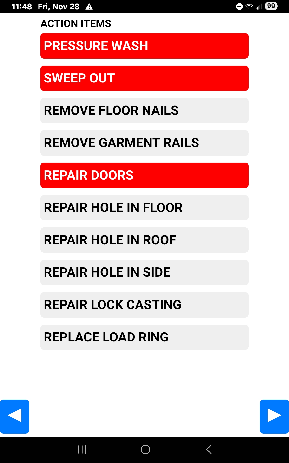 inBOXout mobile inspection workflow with action item toggles and photo capture.